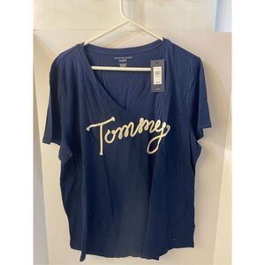 Tommy Vneck navy top xxl rope Nautical spellout $36 SS Relaxed Fit new
